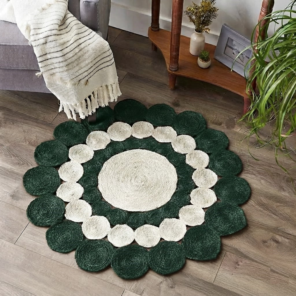Jute Rug Round Shape Area Rug 100% Hand Braided Rustic Look Area Rug for Home Decor Farmhouse Boho Carpet Mats (Green & White)