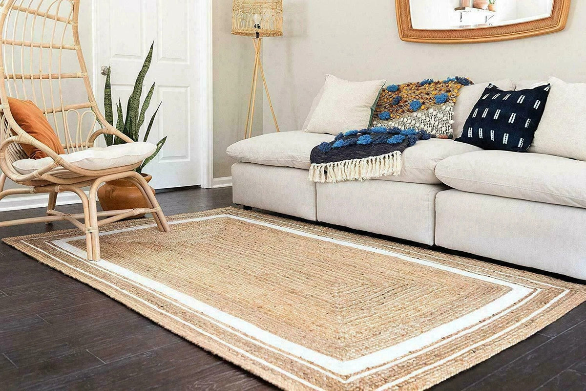 Rectangle Natural Jute Area Rug Hand Woven Braided Sisal Rug Home Decor Farmhouse Carpet Rag Rug for Kitchen Living Room and Bedroom-White Border