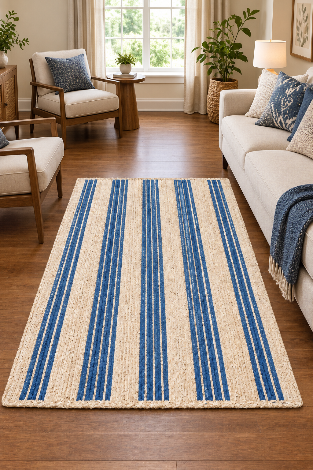 Rectangle Jute Area Rug Hand Woven Braided Sisal Rug Home Decor Farmhouse Carpet Rag Rug for Kitchen Living Room and Bedroom-Beige & Blue Stripe