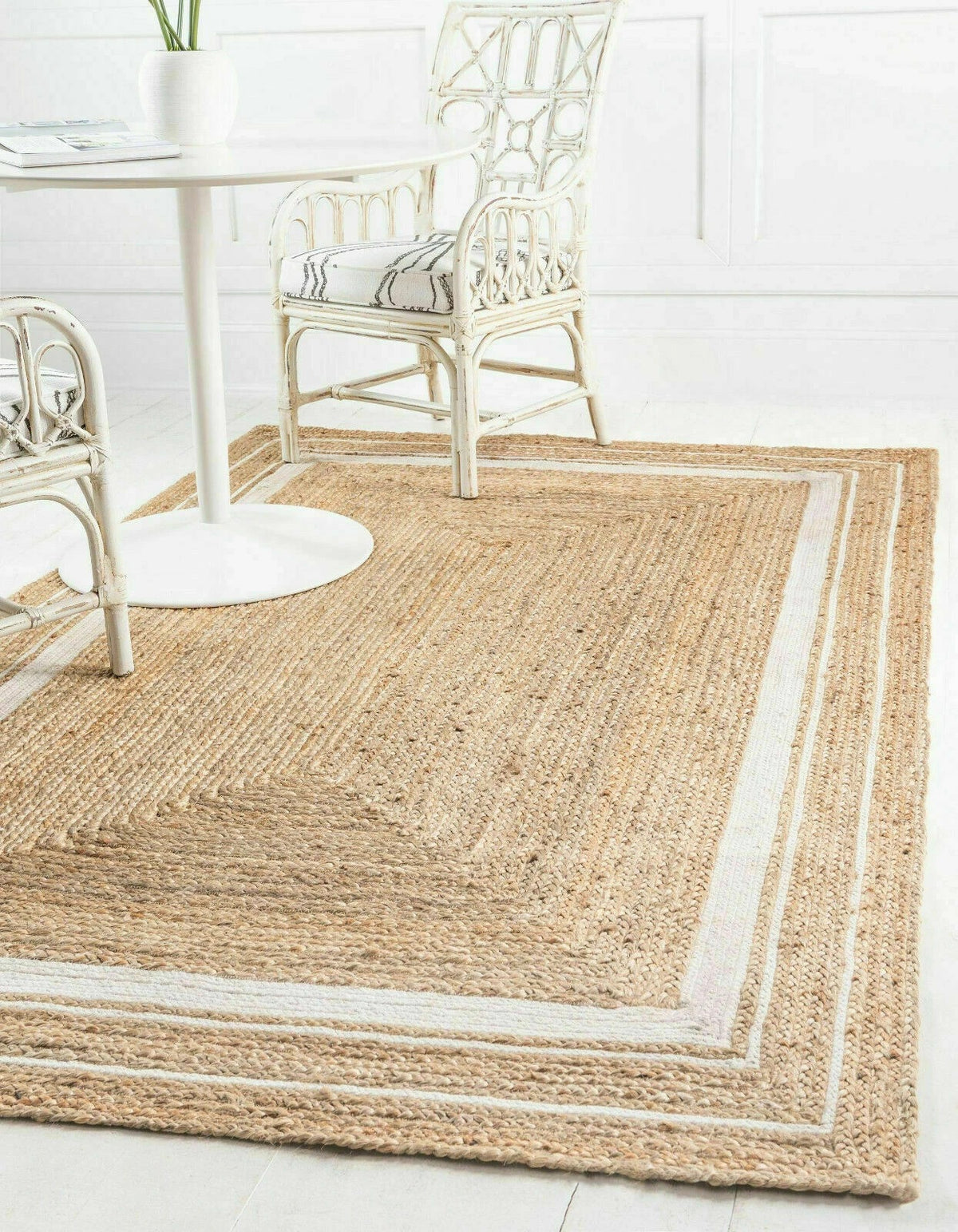 Rectangle Natural Jute Area Rug Hand Woven Braided Sisal Rug Home Decor Farmhouse Carpet Rag Rug for Kitchen Living Room and Bedroom-White Border