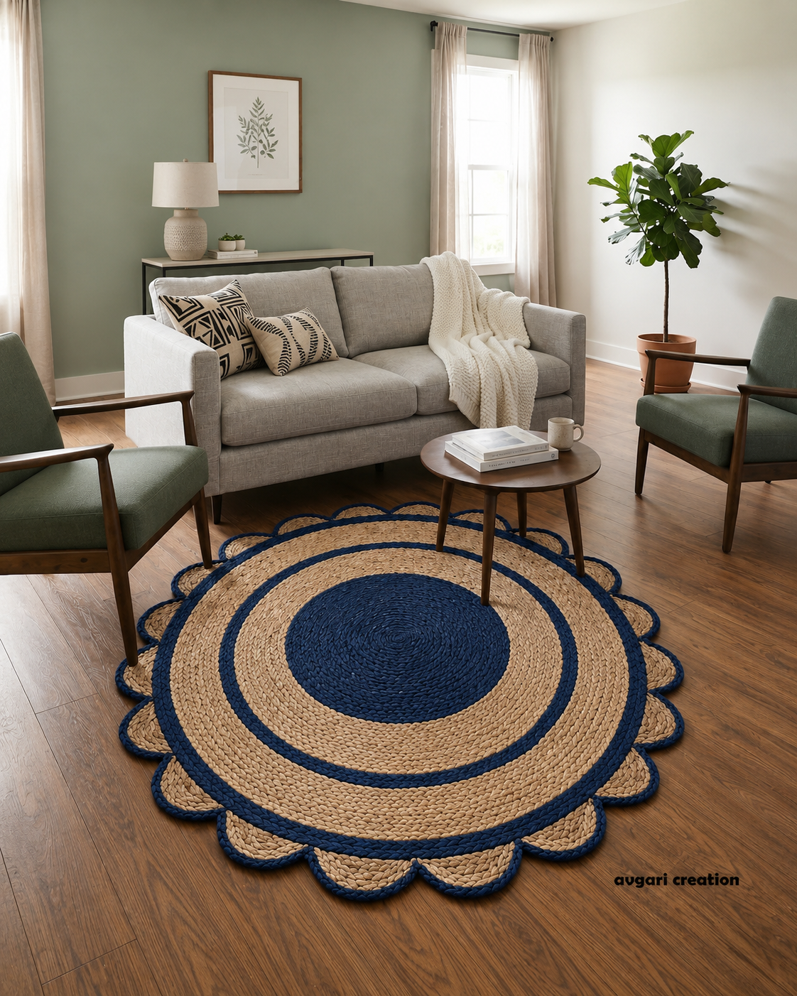 Round Shape Area Rug 100% Hand Braided Rustic Look Carpet for Home Decor Farmhouse Boho Scallop Rugs (Blue Border)