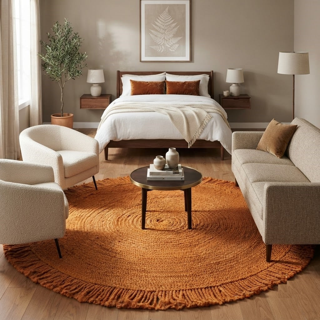 Round Shape Area Rug 100% Hand Braided Rustic Look Carpet for Home Decor Farmhouse Boho Rugs Mats With Fringes (Orange)