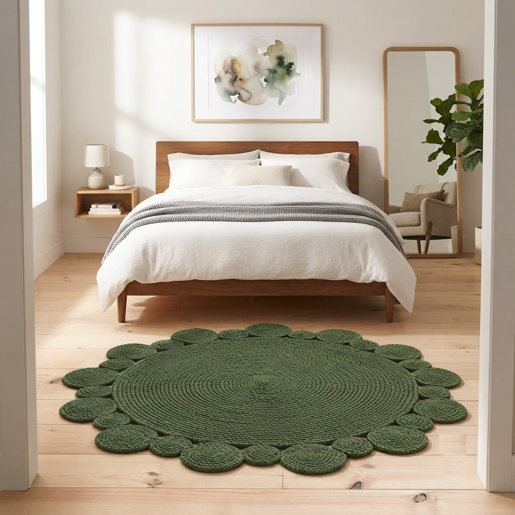 Round Shape Area Rug 100% Hand Braided Rustic Look Carpet for Home Decor Farmhouse Boho Scallop Rugs (Green)