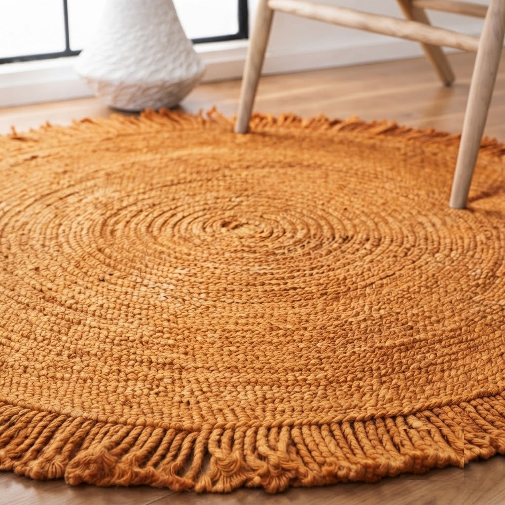 Round Shape Area Rug 100% Hand Braided Rustic Look Carpet for Home Decor Farmhouse Boho Rugs Mats With Fringes (Orange)