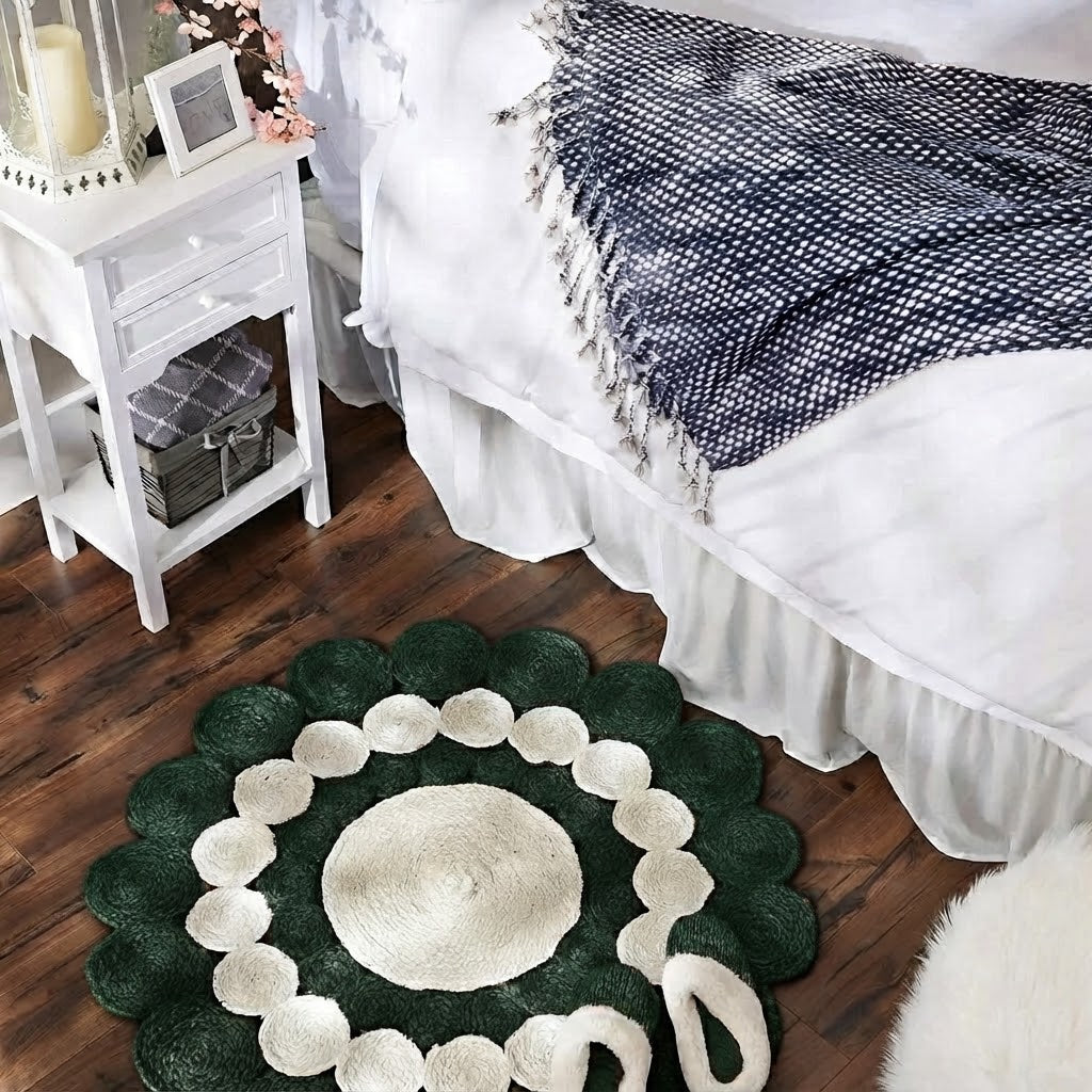 Jute Rug Round Shape Area Rug 100% Hand Braided Rustic Look Area Rug for Home Decor Farmhouse Boho Carpet Mats (Green & White)