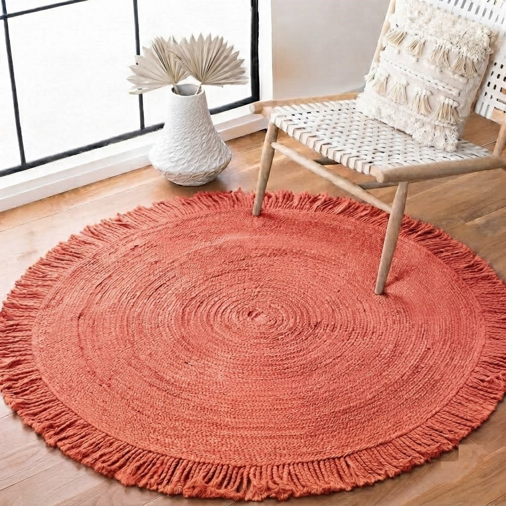 Round Shape Area Rug 100% Hand Braided Rustic Look Carpet for Home Decor Farmhouse Boho Rugs Mats With Fringes (Red)