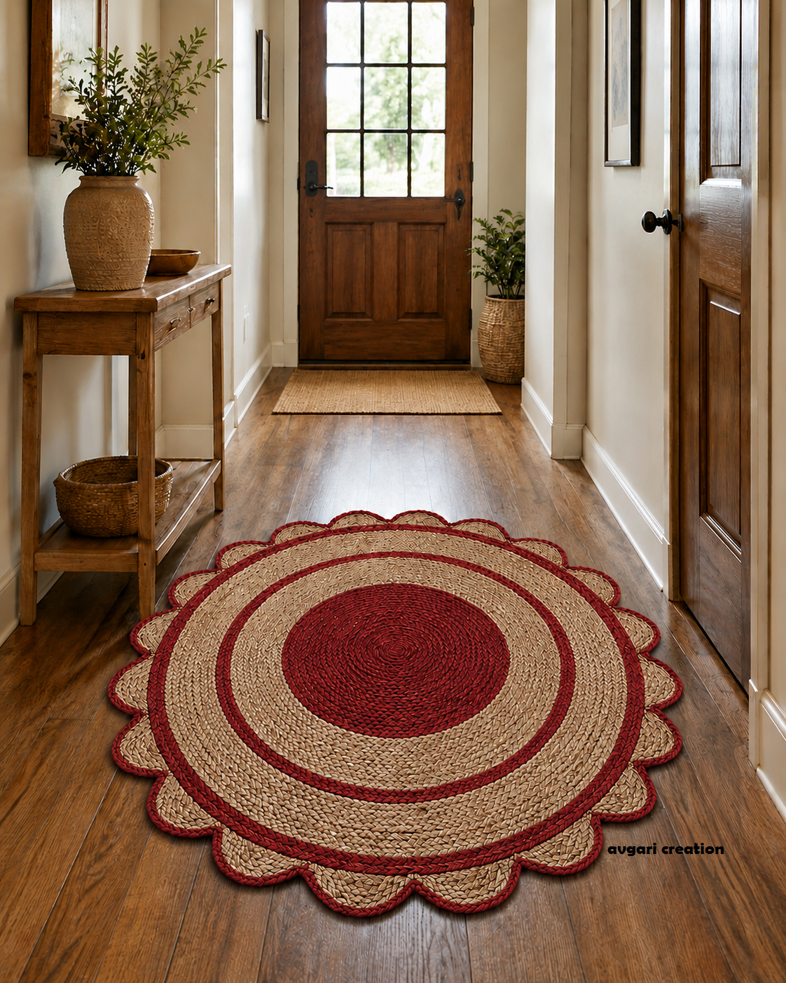 Round Shape Area Rug 100% Hand Braided Rustic Look Carpet for Home Decor Farmhouse Boho Scallop Rugs (Red Border)