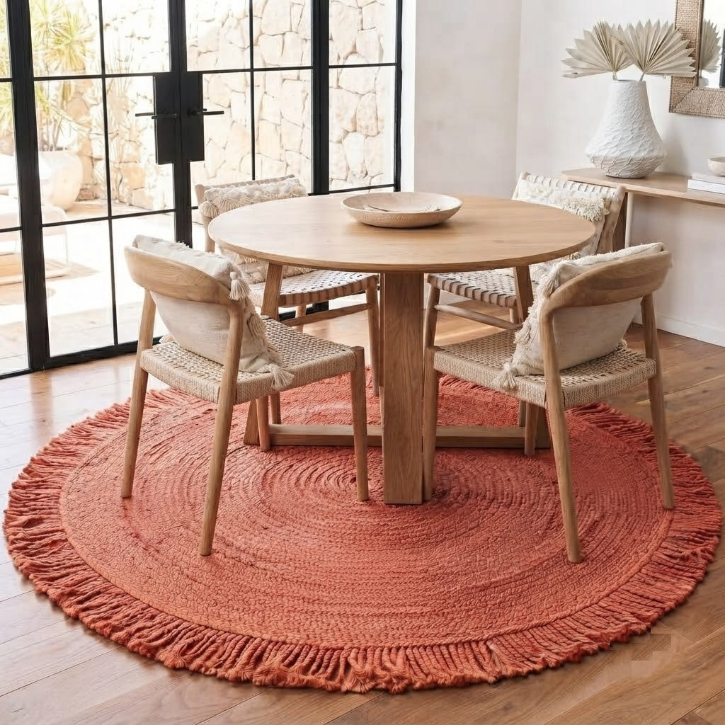 Round Shape Area Rug 100% Hand Braided Rustic Look Carpet for Home Decor Farmhouse Boho Rugs Mats With Fringes (Red)