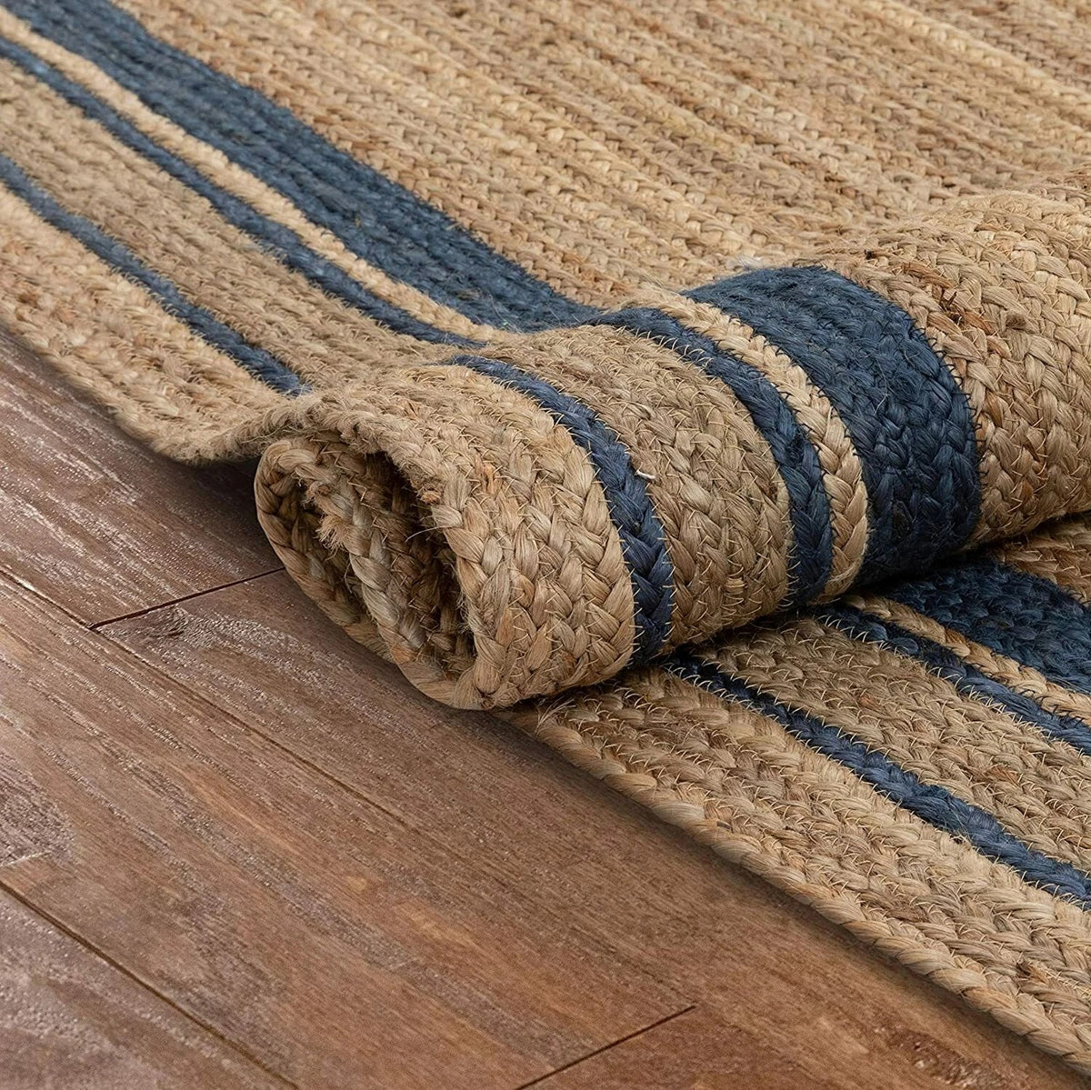 Rectangle Natural Jute Area Rug Hand Woven Braided Sisal Rug Home Decor Farmhouse Carpet Rag Rug for Kitchen Living Room and Bedroom-Blue Border