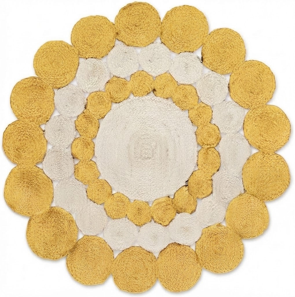 Jute Rug Round Shape Area Rug 100% Hand Braided Rustic Look Area Rug for Home Decor Farmhouse Boho Carpet Mats (Yellow & White)