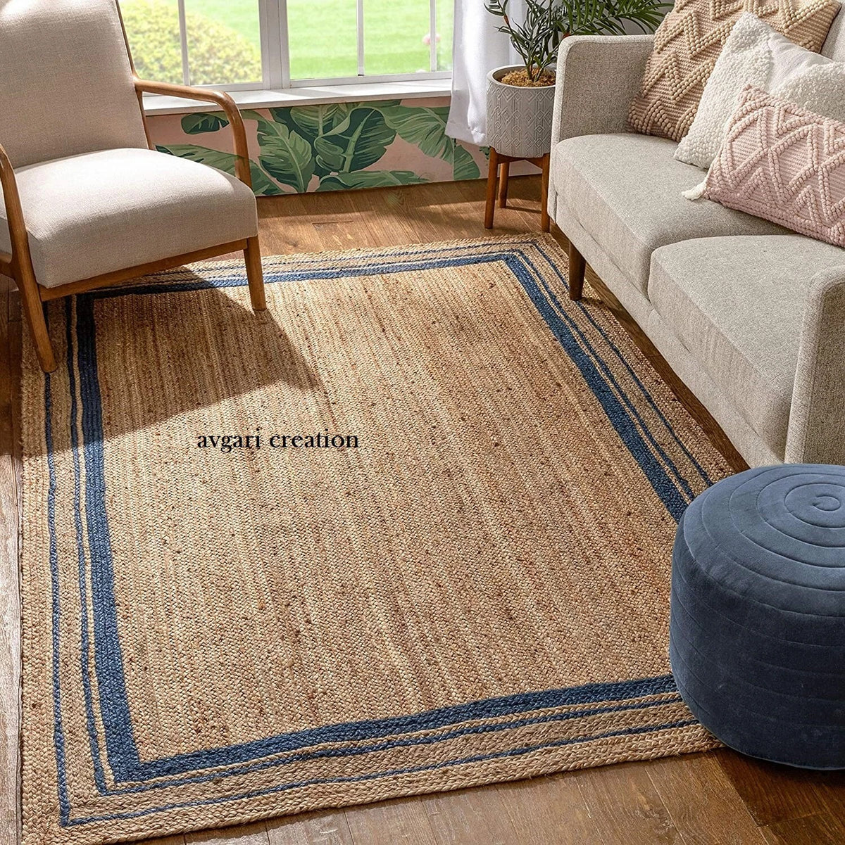 Rectangle Natural Jute Area Rug Hand Woven Braided Sisal Rug Home Decor Farmhouse Carpet Rag Rug for Kitchen Living Room and Bedroom-Blue Border