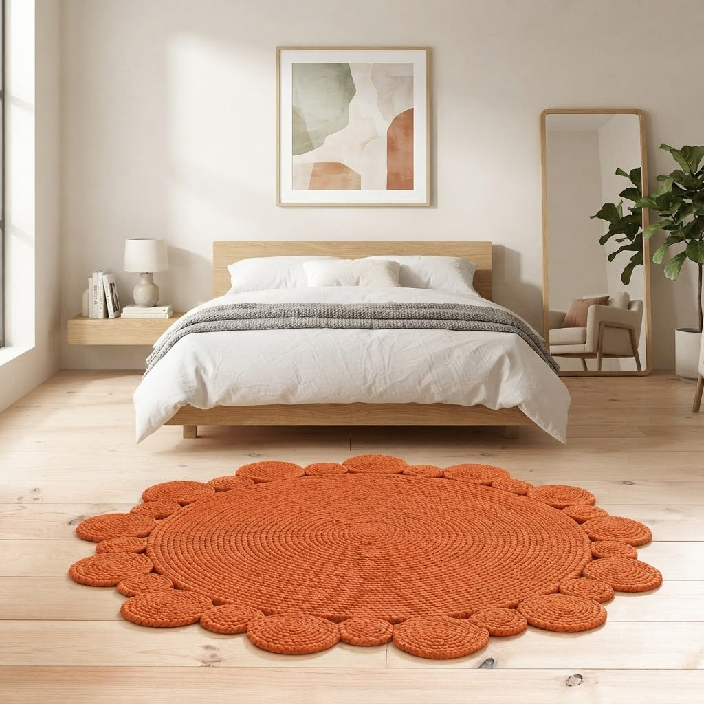 Round Shape Area Rug 100% Hand Braided Rustic Look Carpet for Home Decor Farmhouse Boho Scallop Rugs (Orange)