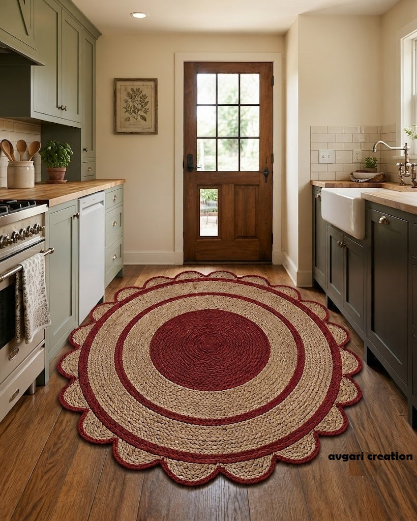 Round Shape Area Rug 100% Hand Braided Rustic Look Carpet for Home Decor Farmhouse Boho Scallop Rugs (Red Border)