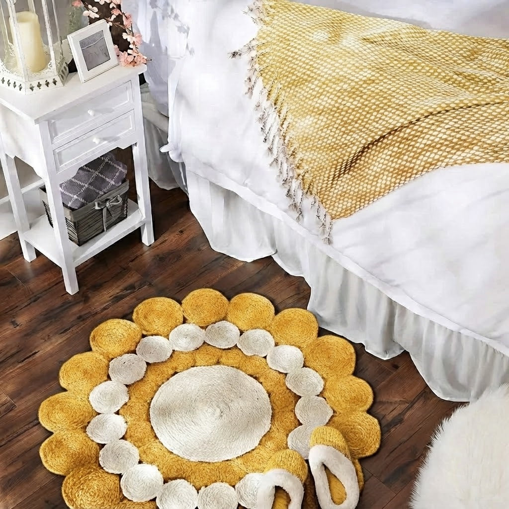 Jute Rug Round Shape Area Rug 100% Hand Braided Rustic Look Area Rug for Home Decor Farmhouse Boho Carpet Mats (Yellow & White)