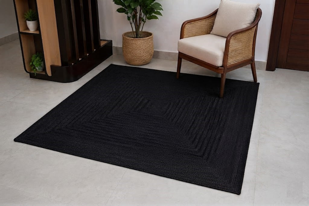 Natural Jute Area Rug Hand Braided Rug Home Decor Farmhouse Carpet Rag Rug for Kitchen Living Room and Bedroom - Rectangle-Black