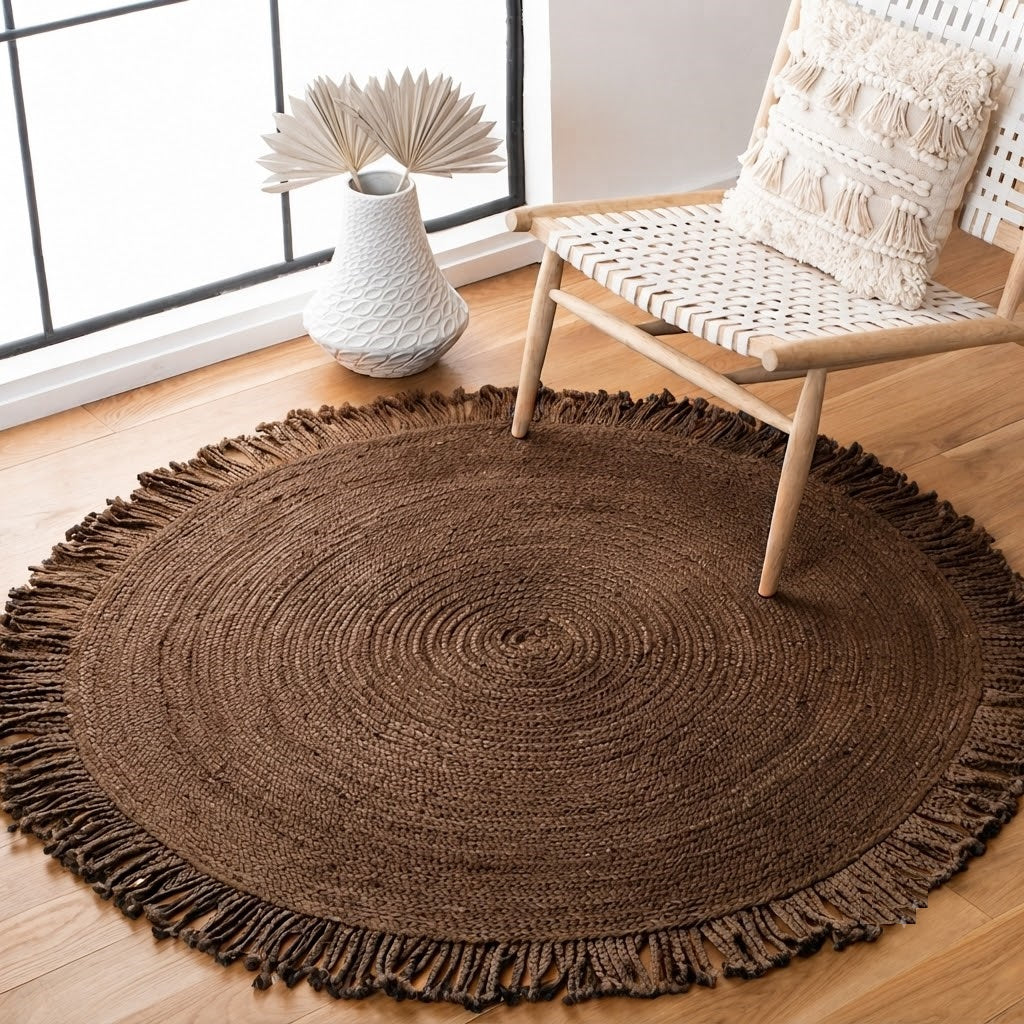 Round Shape Area Rug 100% Hand Braided Rustic Look Carpet for Home Decor Farmhouse Boho Rugs Mats With Fringes (Brown)