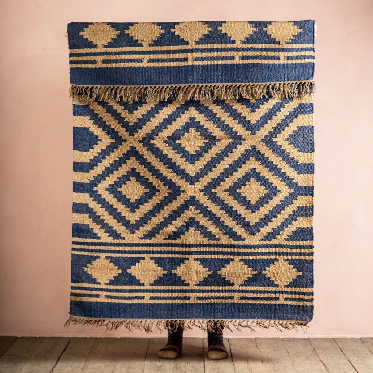 Handmade Rectangle Kilim WoolBoho Rustic Look Durable Area Carpet Jute Rug Farmhouse Mats