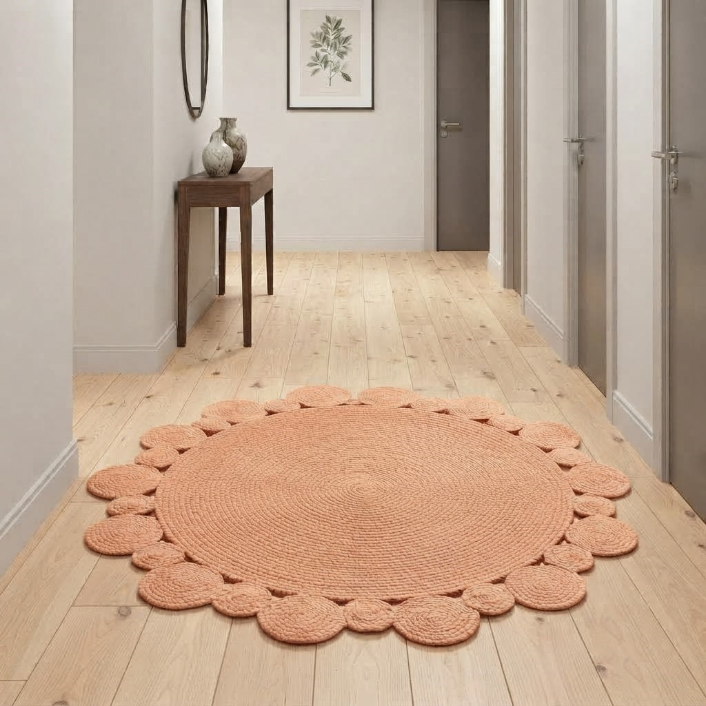 Round Shape Area Rug 100% Hand Braided Rustic Look Carpet for Home Decor Farmhouse Boho Scallop Rugs (Peach)