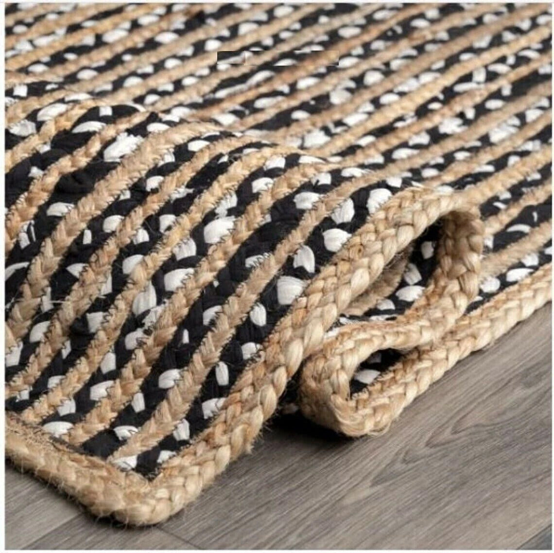 Rectangle Cotton Jute Area Rug Hand Woven Braided Sisal Rug Home Decor Farmhouse Carpet Rag Rug for Kitchen Living Room and Bedroom-Black & White