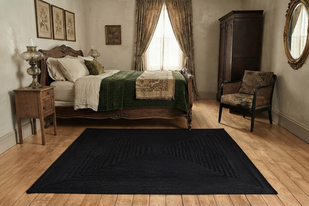 Natural Jute Area Rug Hand Braided Rug Home Decor Farmhouse Carpet Rag Rug for Kitchen Living Room and Bedroom - Rectangle-Black