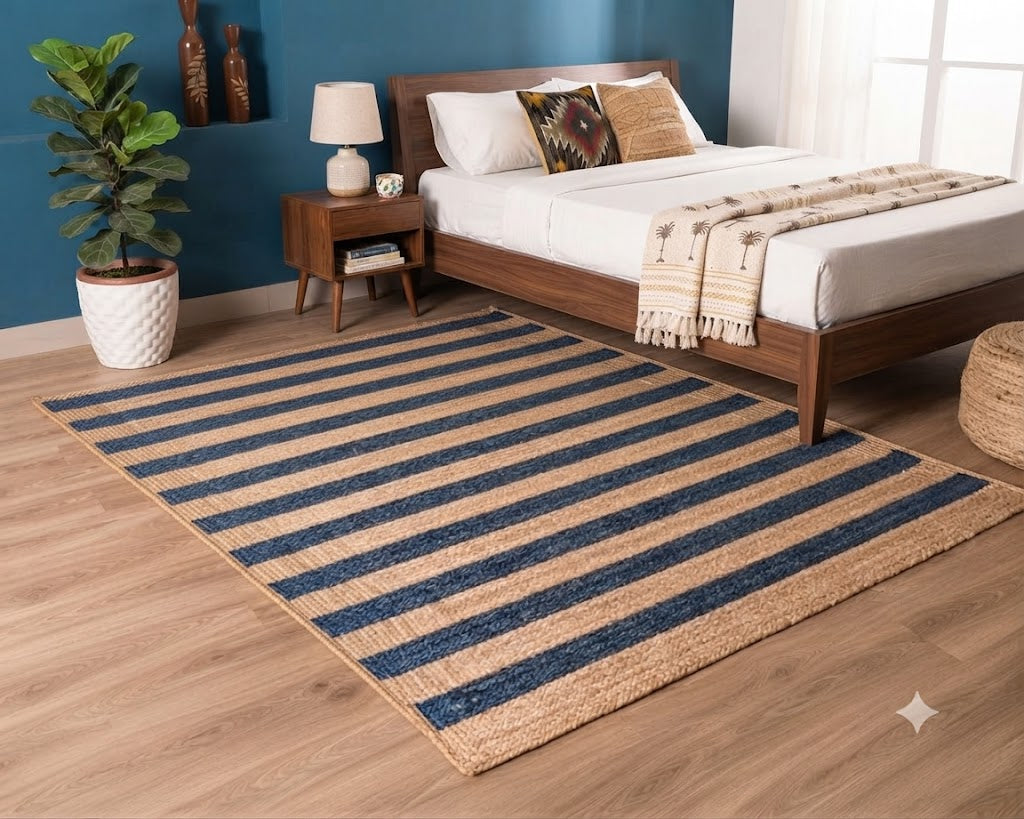 Natural Jute Area Rug Hand Woven Braided Sisal Rug Home Decor Farmhouse Carpet Rag Rug for Kitchen Living Room and Bedroom - Rectangle (Blue & Beige)