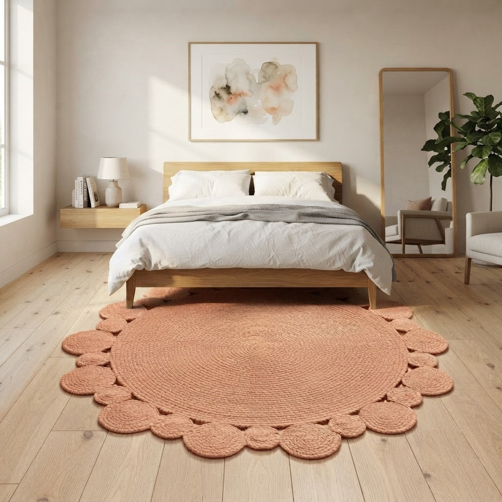 Round Shape Area Rug 100% Hand Braided Rustic Look Carpet for Home Decor Farmhouse Boho Scallop Rugs (Peach)