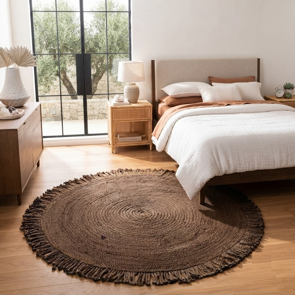 Round Shape Area Rug 100% Hand Braided Rustic Look Carpet for Home Decor Farmhouse Boho Rugs Mats With Fringes (Brown)