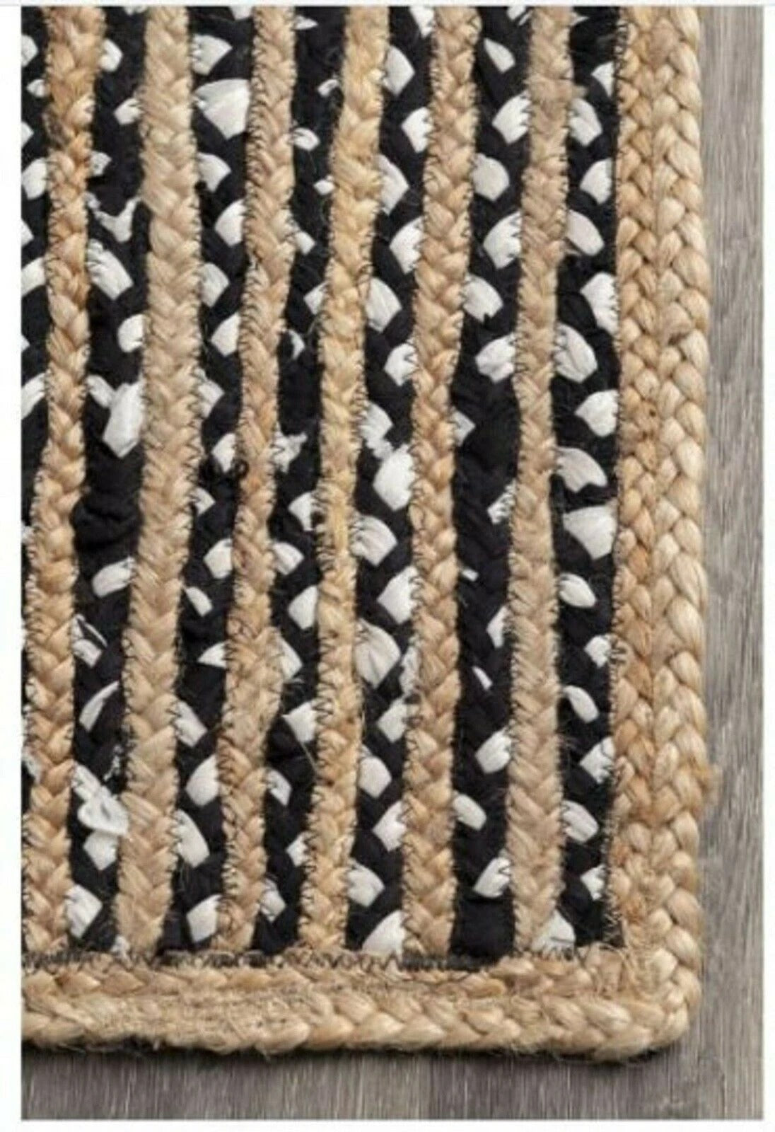 Rectangle Cotton Jute Area Rug Hand Woven Braided Sisal Rug Home Decor Farmhouse Carpet Rag Rug for Kitchen Living Room and Bedroom-Black & White