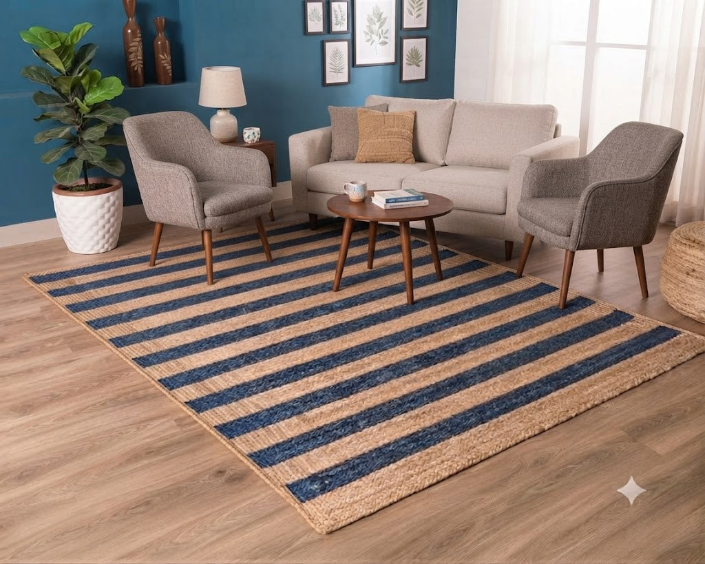 Natural Jute Area Rug Hand Woven Braided Sisal Rug Home Decor Farmhouse Carpet Rag Rug for Kitchen Living Room and Bedroom - Rectangle (Blue & Beige)
