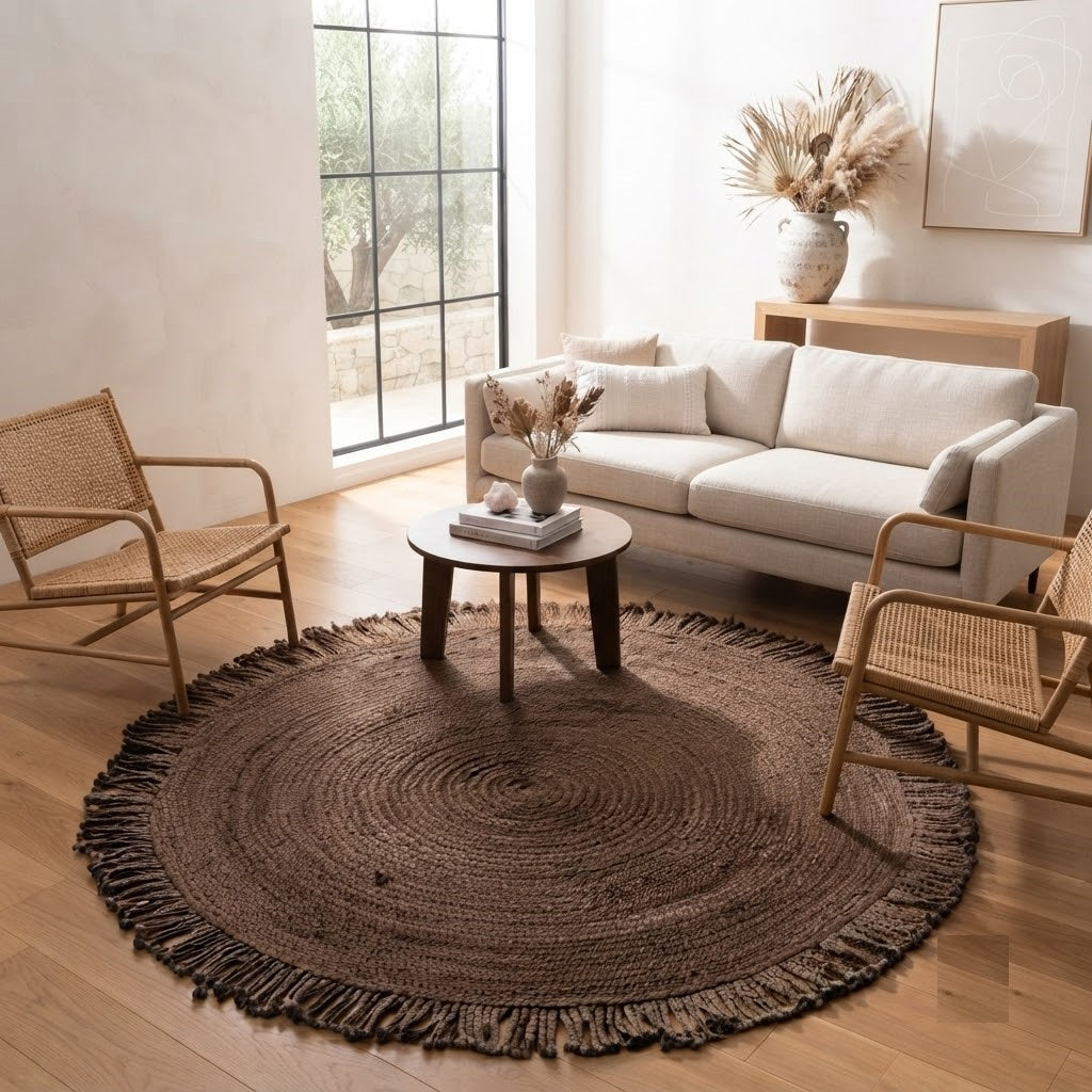 Round Shape Area Rug 100% Hand Braided Rustic Look Carpet for Home Decor Farmhouse Boho Rugs Mats With Fringes (Brown)
