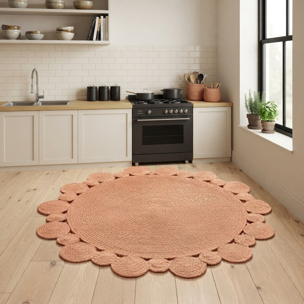 Round Shape Area Rug 100% Hand Braided Rustic Look Carpet for Home Decor Farmhouse Boho Scallop Rugs (Peach)