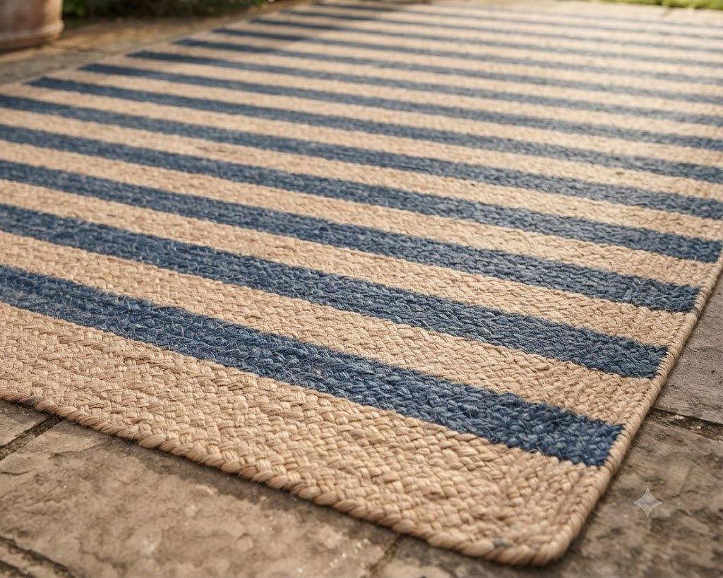 Natural Jute Area Rug Hand Woven Braided Sisal Rug Home Decor Farmhouse Carpet Rag Rug for Kitchen Living Room and Bedroom - Rectangle (Blue & Beige)