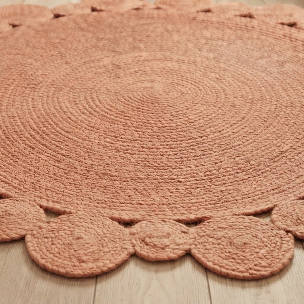 Round Shape Area Rug 100% Hand Braided Rustic Look Carpet for Home Decor Farmhouse Boho Scallop Rugs (Peach)