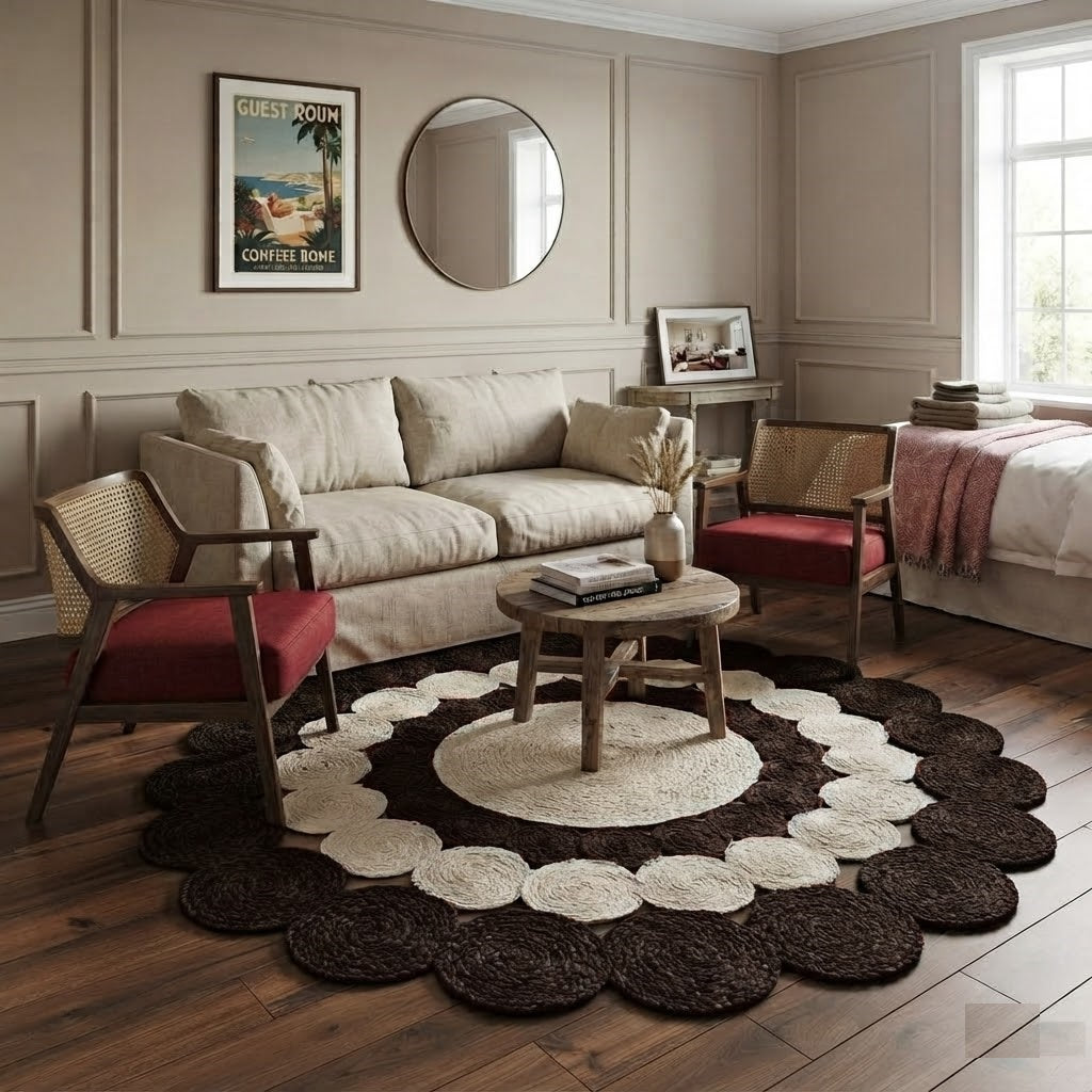 Jute Rug Round Shape Area Rug 100% Hand Braided Rustic Look Area Rug for Home Decor Farmhouse Boho Carpet Mats (Brown & White)