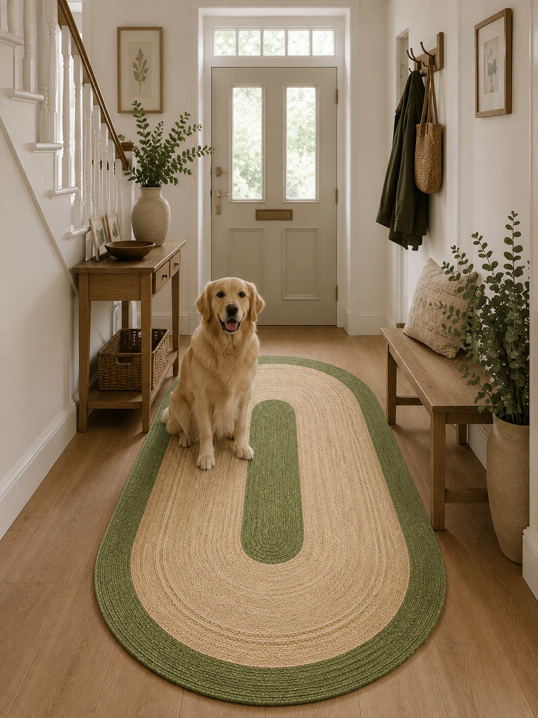 Natural Farmhouse Boho Oval Handwoven Jute Area Rug for Living Room, Bedroom & Entryway Rustic Indoor Floor Carpet (Green Border)