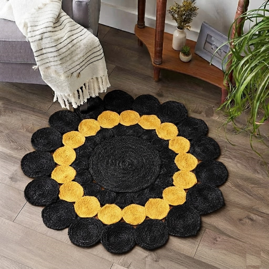 Jute Rug Round Shape Area Rug 100% Hand Braided Rustic Look Area Rug for Home Decor Farmhouse Boho Carpet Mats ( Black & Yellow)