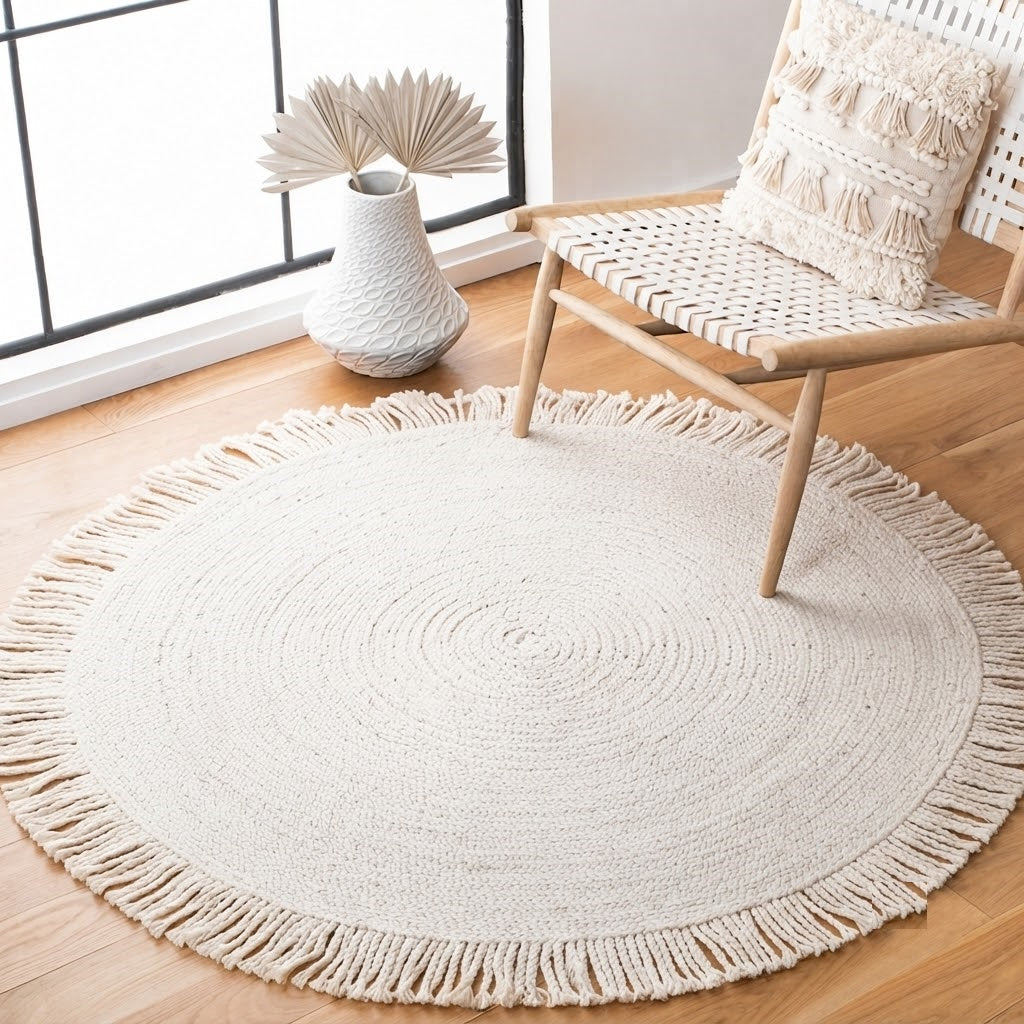 Round Shape Area Rug 100% Hand Braided Rustic Look Carpet for Home Decor Farmhouse Boho Rugs Mats With Fringes (White)