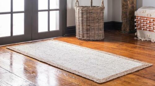 Rectangle Natural Jute Area Rug Hand Woven Braided Rag Rug for Kitchen Living Room and Bedroom Farmhouse Area Rug