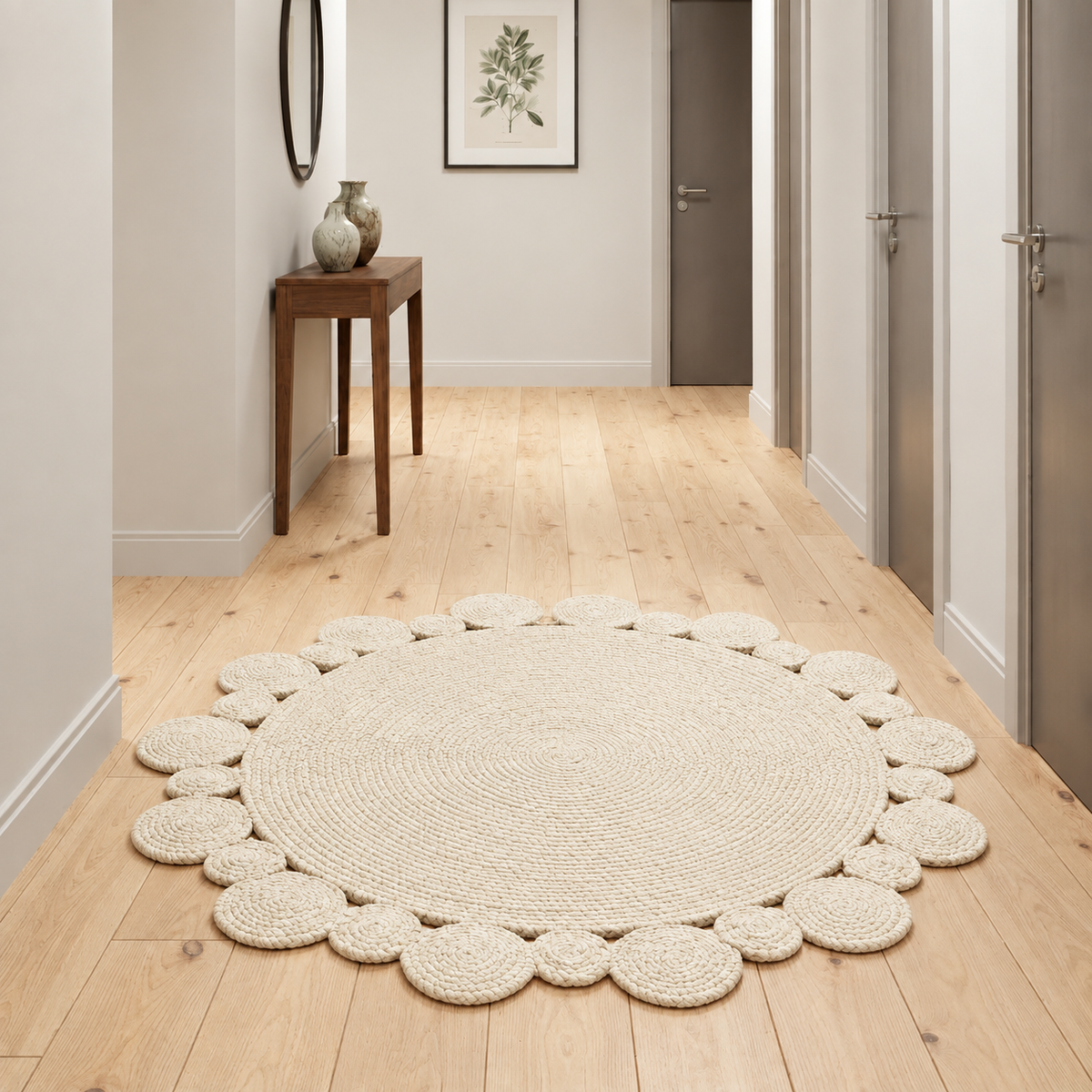 Round Shape Area Rug 100% Hand Braided Rustic Look Carpet for Home Decor Farmhouse Boho Scallop Rugs (Off white)
