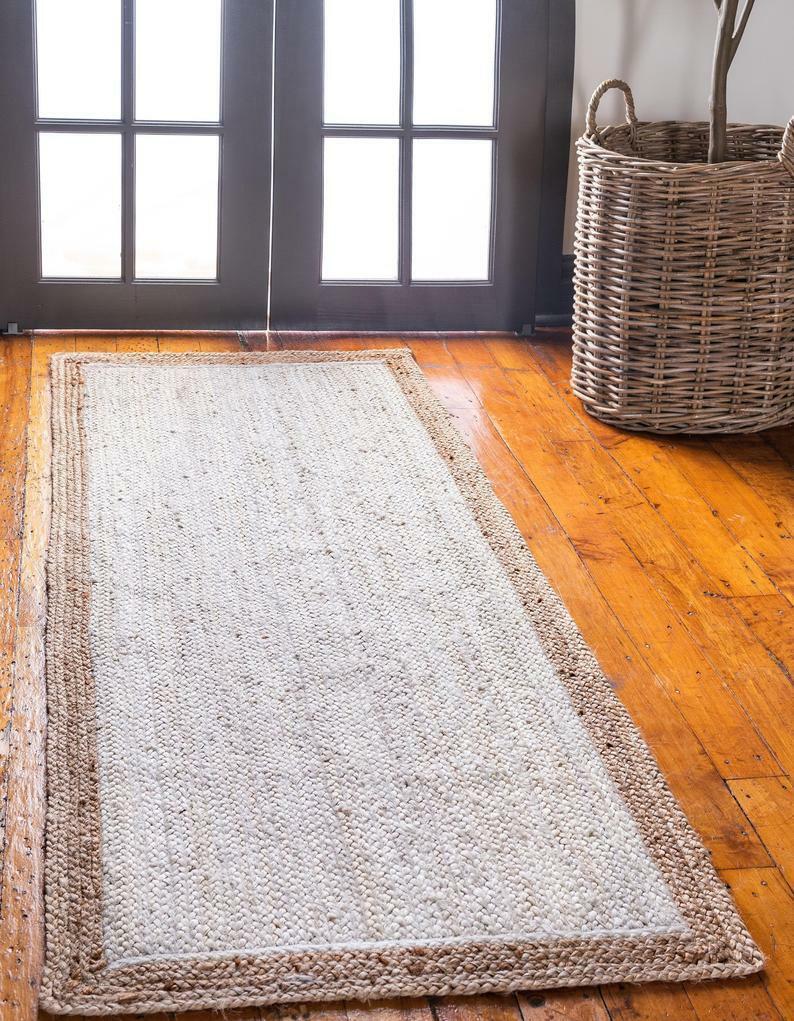 Rectangle Natural Jute Area Rug Hand Woven Braided Rag Rug for Kitchen Living Room and Bedroom Farmhouse Area Rug
