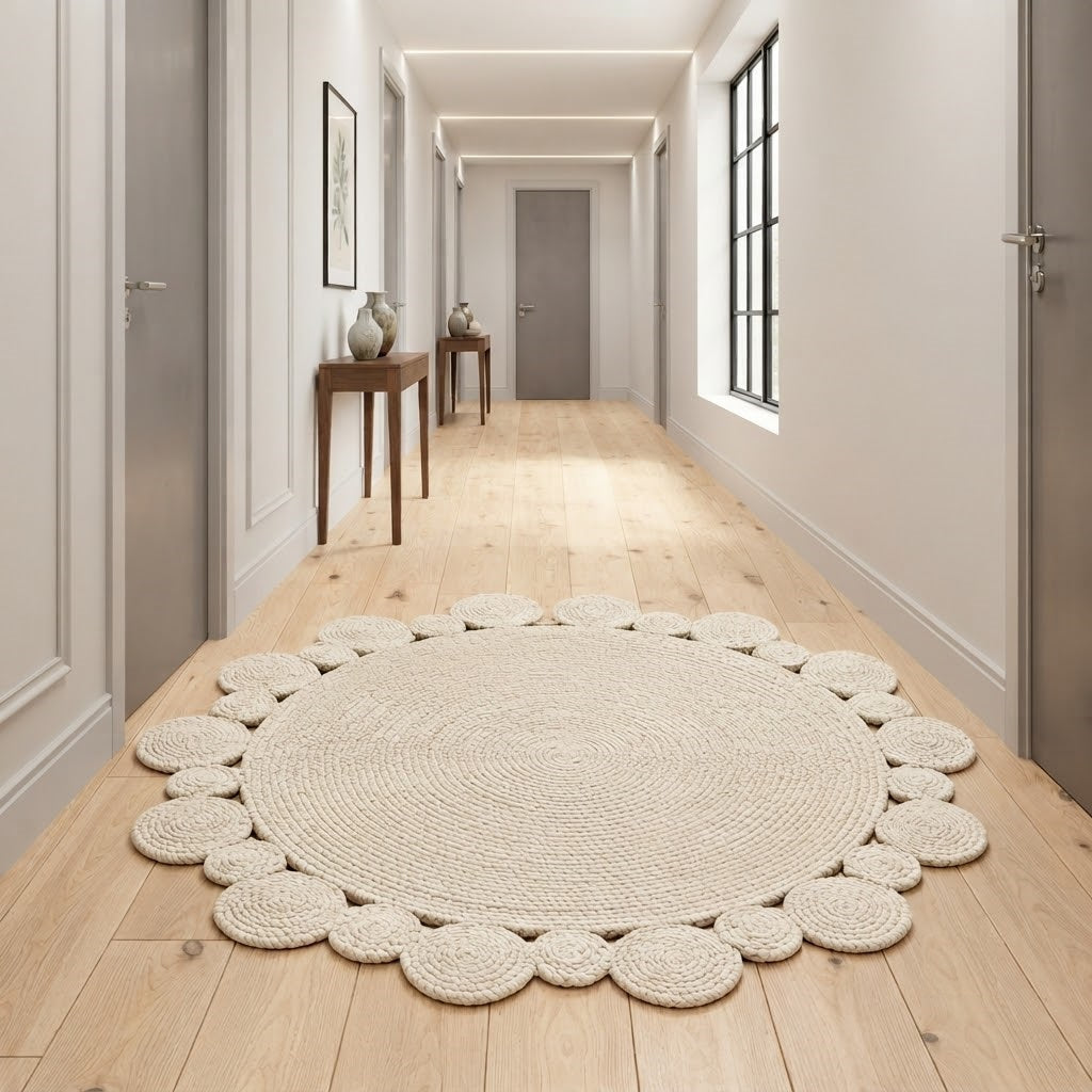 Round Shape Area Rug 100% Hand Braided Rustic Look Carpet for Home Decor Farmhouse Boho Scallop Rugs (Off white)