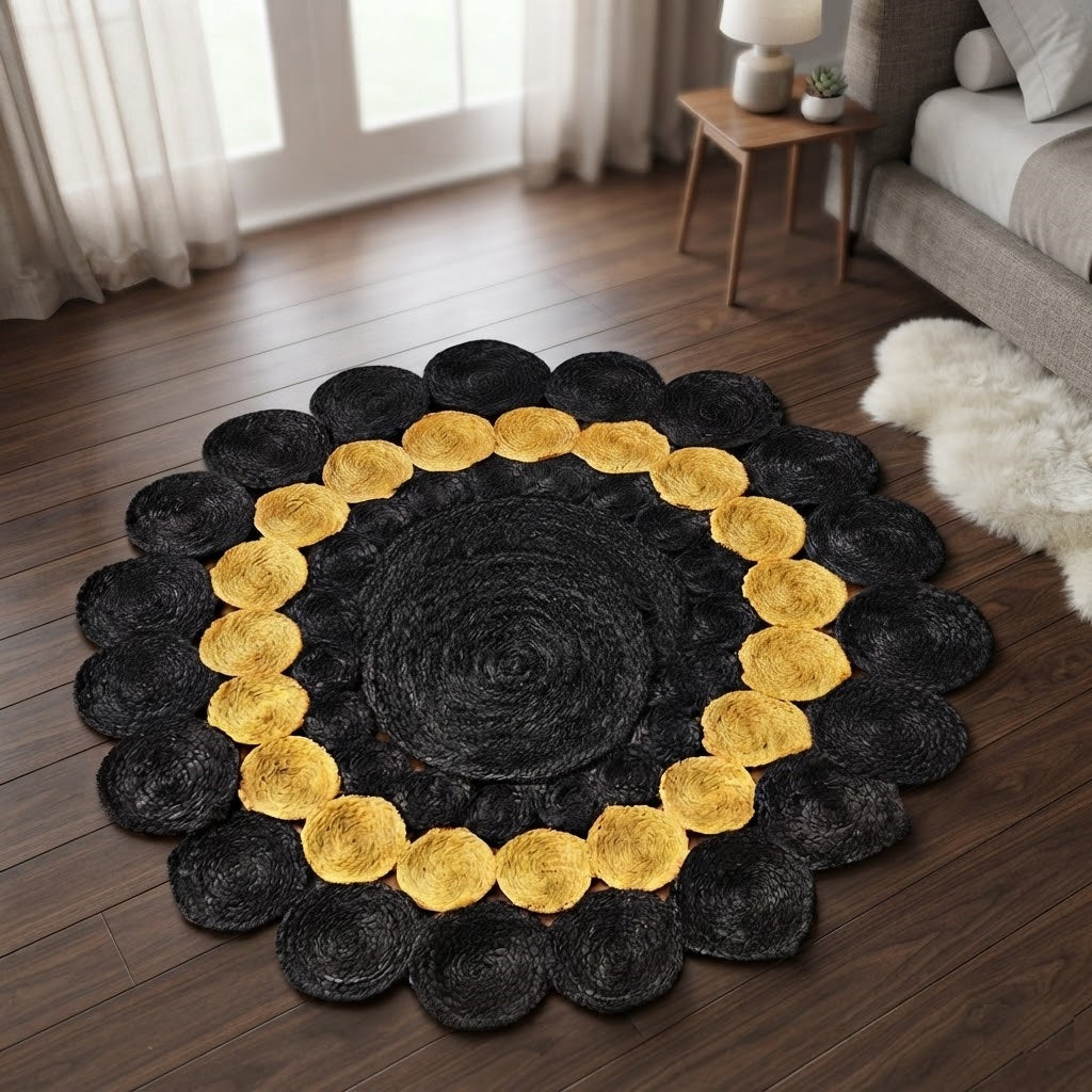 Jute Rug Round Shape Area Rug 100% Hand Braided Rustic Look Area Rug for Home Decor Farmhouse Boho Carpet Mats ( Black & Yellow)