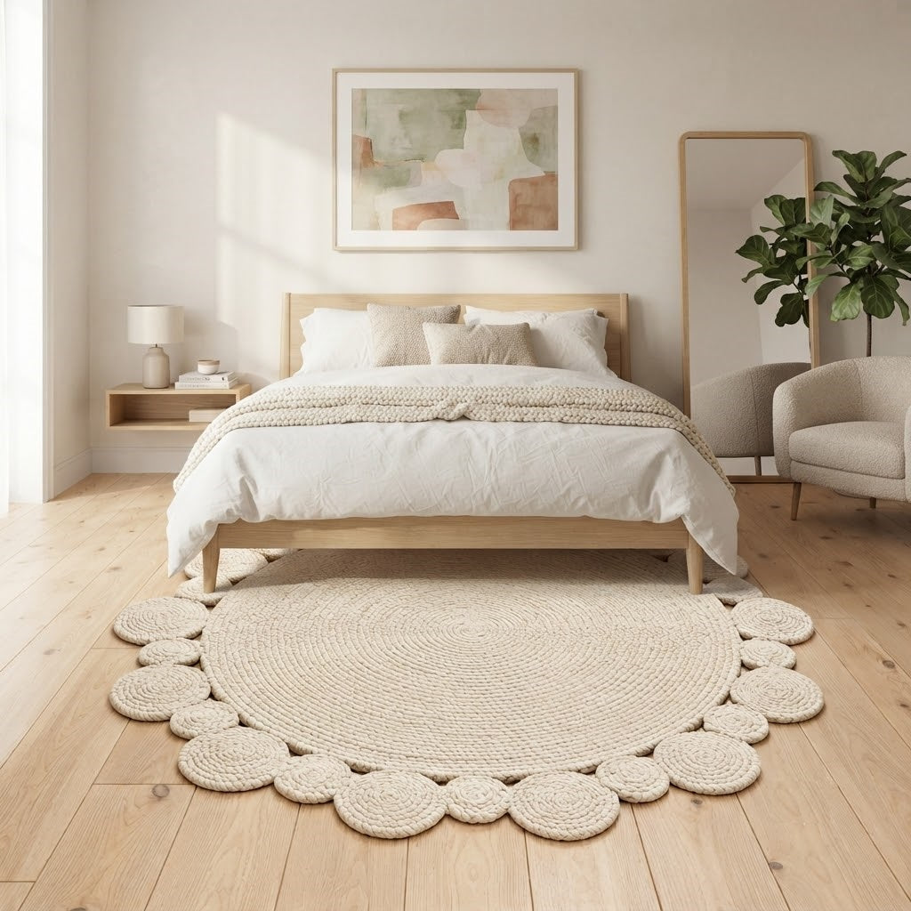 Round Shape Area Rug 100% Hand Braided Rustic Look Carpet for Home Decor Farmhouse Boho Scallop Rugs (Off white)