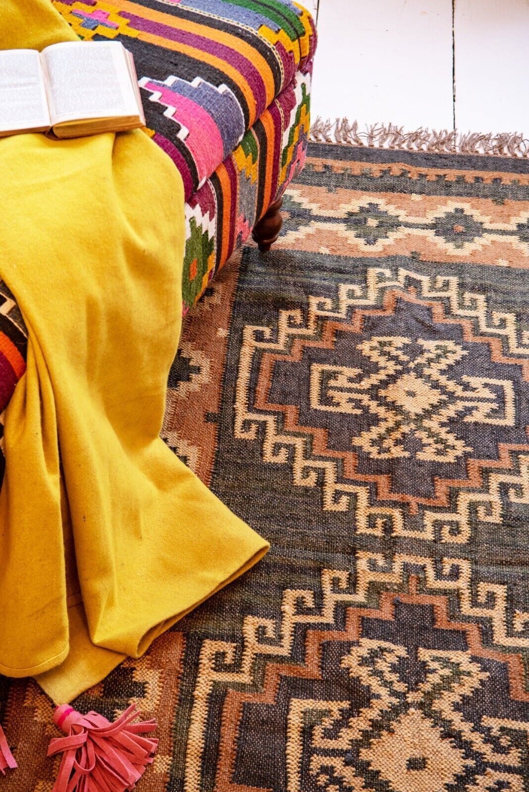 Handmade Rectangle Kilim WoolBoho Rustic Look Durable Area Carpet Jute Rug Farmhouse Mats