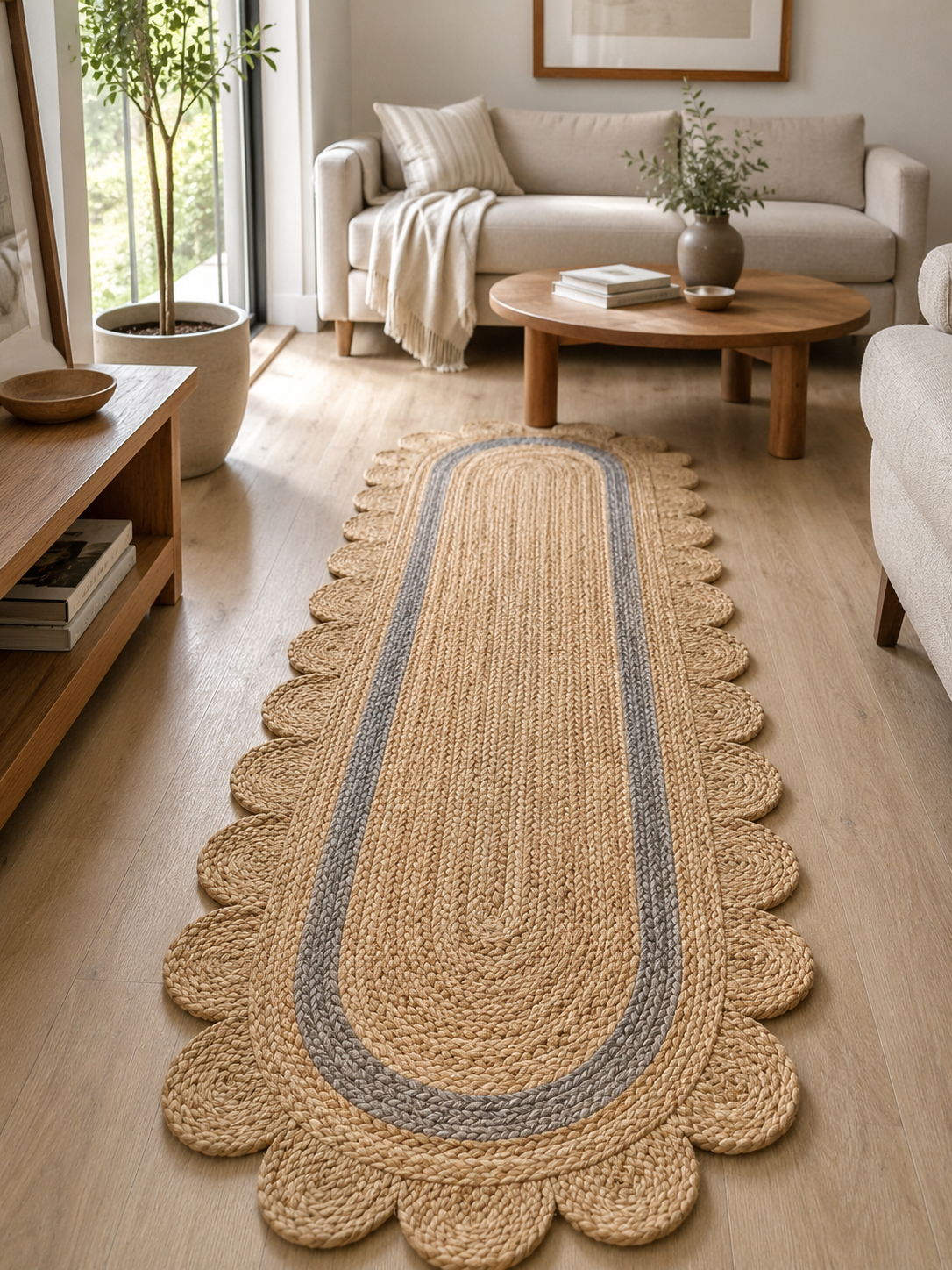 Oval Handwoven Jute Area Rug Natural Farmhouse Boho Rug for Living Room, Bedroom & Entryway Rustic Indoor Floor Scallop Carpet (Grey Border)