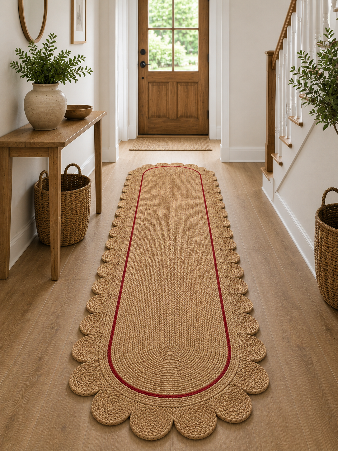 Oval Handwoven Jute Area Rug Natural Farmhouse Boho Rug for Living Room, Bedroom & Entryway Rustic Indoor Floor Scallop Carpet (Red Border)