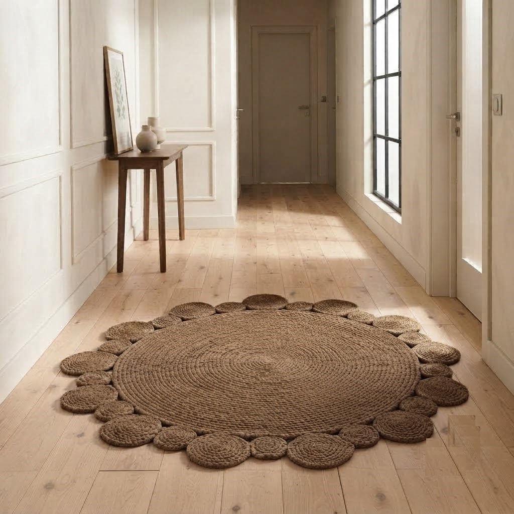 Round Shape Area Rug 100% Hand Braided Rustic Look Carpet for Home Decor Farmhouse Boho Scallop Rugs (Brown)