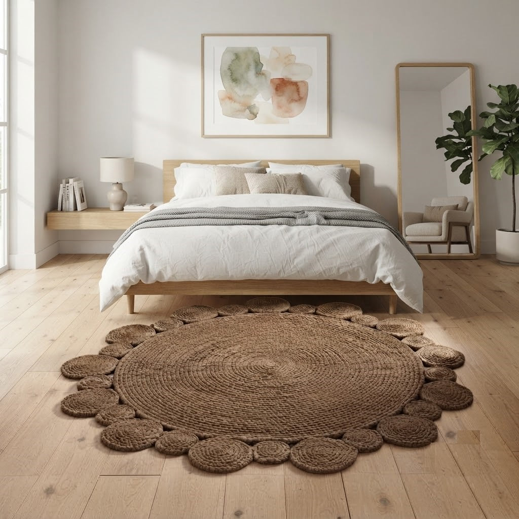 Round Shape Area Rug 100% Hand Braided Rustic Look Carpet for Home Decor Farmhouse Boho Scallop Rugs (Brown)