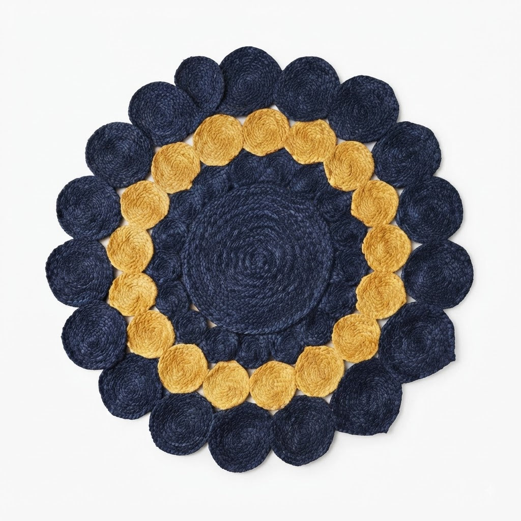 Jute Rug Round Shape Area Rug 100% Hand Braided Rustic Look Area Rug for Home Decor Farmhouse Boho Carpet Mats ( Blue & Yellow)