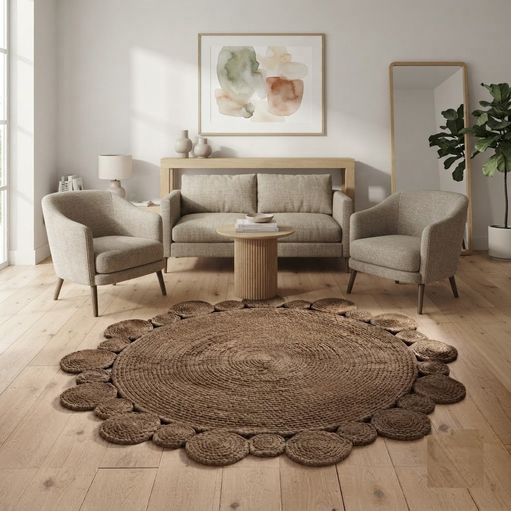 Round Shape Area Rug 100% Hand Braided Rustic Look Carpet for Home Decor Farmhouse Boho Scallop Rugs (Brown)
